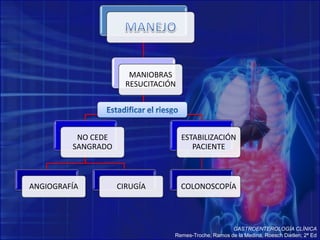 MANIOBRAS
RESUCITACIÓN
NO CEDE
SANGRADO
ANGIOGRAFÍA CIRUGÍA
ESTABILIZACIÓN
PACIENTE
COLONOSCOPÍA
GASTROENTEROLOGÍA CLÍNICA
Remes-Troche, Ramos de la Medina, Roesch Dietlen; 2ª Ed
 