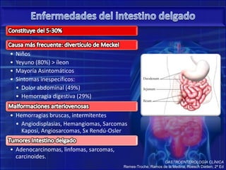 • Niños
• Yeyuno (80%) > íleon
• Mayoría Asintomáticos
• Síntomas inespecíficos:
• Dolor abdominal (49%)
• Hemorragia digestiva (29%)
• Hemorragias bruscas, intermitentes
• Angiodisplasias, Hemangiomas, Sarcomas
Kaposi, Angiosarcomas, Sx Rendú-Osler
• Adenocarcinomas, linfomas, sarcomas,
carcinoides.
GASTROENTEROLOGÍA CLÍNICA
Remes-Troche, Ramos de la Medina, Roesch Dietlen; 2ª Ed
 