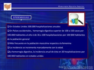 EPIDEMIOLOGI
A
 En Estados Unidos 300.000 hospitalizaciones anuales
 En Países occidentales, hemorragia digestiva superior de 100 a 150 casos por
100.000 habitantes al año ó de 36 a 100 hospitalizaciones por 100 000 habitantes
de la población general
 Más frecuente en la población masculina respecto a la femenina
 La incidencia se incrementa marcadamente con la edad.
La hemorragia digestiva, la incidencia anual de ésta en 20 hospitalizaciones por
100 000 habitantes en estados unidos
Remes Troche, Ramos de la Medina , Roesch-Dietlen
GASTROENTEROLOGÍA CLÍNICA 2ª edición
 