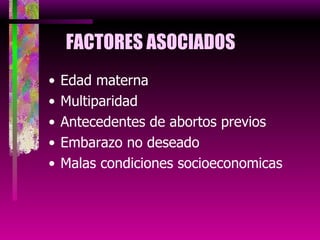 FACTORES ASOCIADOS Edad materna Multiparidad Antecedentes de abortos previos Embarazo no deseado Malas condiciones socioeconomicas 