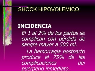 INCIDENCIA El 1 al 2% de los partos se complican con pérdida de sangre mayor a 500 ml. La hemorragia postparto produce el 75% de las complicaciones del puerperio inmediato. SHOCK HIPOVOLEMICO 