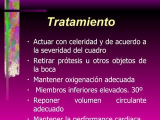 Actuar con celeridad y de acuerdo a la severidad del cuadro Retirar prótesis u otros objetos de la boca Mantener oxigenación adecuada Miembros inferiores elevados. 30º Reponer volumen circulante adecuado Mantener la performance cardiaca Corregir causa básica de hemorragia Tratamiento 