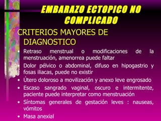 EMBARAZO ECTOPICO NO COMPLICADO CRITERIOS MAYORES DE DIAGNOSTICO Retraso menstrual o modificaciones de la menstruación, amenorrea puede faltar Dolor pélvico o abdominal, difuso en hipogastrio y fosas iliacas, puede no existir Útero doloroso a movilización y anexo leve engrosado Escaso sangrado vaginal, oscuro e intermitente, paciente puede interpretar como menstruación Síntomas generales de gestación leves : nauseas, vómitos Masa anexial Beta-HCG (+). (Aumento menor de 60% en 48 horas y/ó menor de 100% en 72 horas.) Ecografía transvaginal 