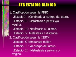 ETG ESTADIO CLINICO 1. Clasificación según la FIGO .Estadio I  :Confinado al cuerpo del útero. .Estadio II : Metástasis a pelvis y/o vagina. .Estadio III: Metástasis a Pulmón. .Estadio IV: Metástasis a distancia 2. Clasificación según la ISSTN. .Estadio  O :Embarazo molar. .Estadio  I  : Al cuerpo del útero. .Estadio  II : Metástasis a pelvis y o vagina. .Estadio III: Metástasis a pulmón. .Estadio  IV: Metástasis distantes .  