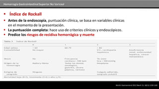 Hemorragia GastrointestinalSuperior No Variceal
 Índice de Rockall
WorldJ Gastroenterol 2012 March 21; 18(11):1159-1165
 Antes de la endoscopía, puntuación clínica, se basa en variables clínicas
en el momento de la presentación.
 La puntuación completa: hace uso de criterios clínicos y endoscópicos.
 Predice los riesgos de recidiva hemorrágica y muerte
 