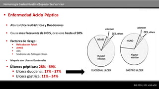 Hemorragia GastrointestinalSuperior No Variceal
BJS 2014; 101: e34–e50
 Enfermedad Acido Péptica
 Abarca Ulceras Gástricas y Duodenales
 Causa mas Frecuente de HGIS, ocasiona hasta el 50%
 Factores de riesgo:
 Helicobacter Pylori
 AINES
 ASA
 Síndrome de Zollinger Ellison
 Mayoría son Ulceras Duodenales
 Úlceras pépticas: 28% - 59%
 Ulcera duodenal: 17% - 37%
 Ulcera gástrica: 11% - 24%
 