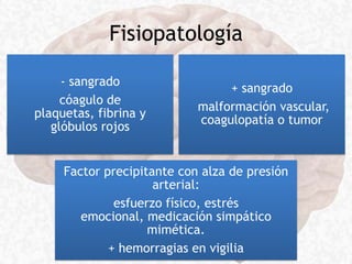 Fisiopatología
- sangrado
cóagulo de
plaquetas, fibrina y
glóbulos rojos
+ sangrado
malformación vascular,
coagulopatía o tumor
Factor precipitante con alza de presión
arterial:
esfuerzo físico, estrés
emocional, medicación simpático
mimética.
+ hemorragias en vigilia
 
