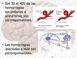 • Del 30 al 40% de las
hemorragias
secundarias a
aneurismas son
parenquimatosas.
• Las hemorragias
asociadas a MAV son
parenquimatosas.
 