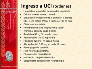 Ingreso a UCI (órdenes)
• Hospitalizar en unidad de cuidados intensivos
• Colocar catéter venoso central
• Elevación de cabecera de la cama a 45 grados
• SSN 0.9% 500cc .Pasar a razón de 100 cc hora
• Dieta blanda asistida
• Noradrenalina 0.06 mcg/kg/min y titular
• Tramadol 50mg IV cada 8 horas
• Ranitidina 50mg IV cada 8 horas
• Atorvastatina tab 40 mg vo día
• Fenitoína 125 mg IV cada 8 horas
• Alprazolan tab 0.25 mg vo cada 12 horas
• Panangiografia cerebral
• Hoja neurológica horaria
• Glucometrías cada 4 horas
• Medias de compresión elástica
• Seguimiento conjunto con Neurocirugía
 