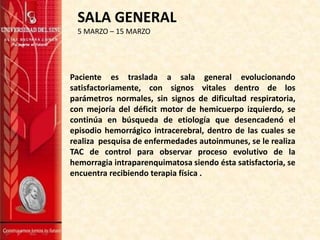 SALA GENERAL
5 MARZO – 15 MARZO
Paciente es traslada a sala general evolucionando
satisfactoriamente, con signos vitales dentro de los
parámetros normales, sin signos de dificultad respiratoria,
con mejoría del déficit motor de hemicuerpo izquierdo, se
continúa en búsqueda de etiología que desencadenó el
episodio hemorrágico intracerebral, dentro de las cuales se
realiza pesquisa de enfermedades autoinmunes, se le realiza
TAC de control para observar proceso evolutivo de la
hemorragia intraparenquimatosa siendo ésta satisfactoria, se
encuentra recibiendo terapia física .
 