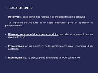 • CUADRO CLINICO.
- Metrorragia: es el signo más habitual y el principal motivo de consulta.
La expulsión de vesículas es un signo infrecuente pero, de aparecer, es
patognomónico.
- Náuseas, vómitos e hiperemesis gravídica: se debe al incremento en los
niveles de HCG.
- Preeclampsia: ocurre en el 25% de las pacientes con mola. < semana 20 de
gestacion.
- Hipertiroidismo: se explica por la similitud de la HCG con la TSH.
 