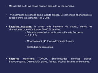 • Más del 80 % de los casos ocurren antes de la 12a semana.
• <12 semanas se conoce como aborto precoz. Se denomina aborto tardío si
sucede entre las semanas 12a y 20a.
• Factores ovulares: la causa más frecuente de aborto, siendo las
alteraciones cromosómicas el 50-60 % de ellas.
- Trisomía autosómica: es la anomalía más frecuente
(16,21,22).
- Monosomía X (45,X o síndrome de Turner).
- Triploidías, tetraploidías.
• Factores maternos: TORCH, Enfermedades crónicas graves.
Endocrinopatía, Desnutrición grave, Tabaco, alcohol, Toxinas ambientales.
 
