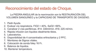 Reconocimiento del estado de Choque.
La PIEDRA ANGULAR de la reanimación son la RESTAURACIÓN DEL
VOLUMEN SANGUÍNEO y la CAPACIDAD DE TRANSPORTE DE OXIGENO.
1. Pedir Ayuda.
2. Evaluar vía respiratoria. FIO2 > 40%. SaO2 >90%.
3. Canalizar 2 vías periféricas. #14: 330ml/min. #16: 225 ml/min.
4. Rápida infusión con líquidos idealmente tibios.
5. Laboratorios.
6. Disponibilidad de 4 concentrados eritrocitarios y 2 PFC.
7. Monitoreo de Signos vitales.
8. Colocación de sonda foley 16 Fr.
9. Balance de líquidos.
10. Mantener temperatura.
 