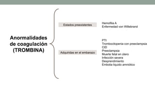 Hemofilia A
Enfermedad von Willebrand
Estados preexistentes
Adquiridas en el embarazo
PTI
Trombocitopenia con preeclampsia
CID
Preeclampsia
Muerte fetal en útero
Infección severa
Desprendimiento
Embolia liquido amniótico
Anormalidades
de coagulación
(TROMBINA)
 