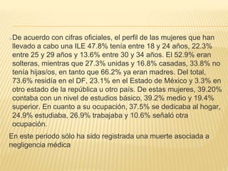 De acuerdo con cifras oficiales, el perfil de las mujeres que han
llevado a cabo una ILE 47.8% tenía entre 18 y 24 años, 22.3%
entre 25 y 29 años y 13.6% entre 30 y 34 años. El 52.9% eran
solteras, mientras que 27.3% unidas y 16.8% casadas, 33.8% no
tenía hijas/os, en tanto que 66.2% ya eran madres. Del total,
73.6% residía en el DF, 23.1% en el Estado de México y 3.3% en
otro estado de la república u otro país. De estas mujeres, 39.20%
contaba con un nivel de estudios básico, 39.2% medio y 19.4%
superior. En cuanto a su ocupación, 37.5% se dedicaba al hogar,
24.9% estudiaba, 26.9% trabajaba y 10.6% señaló otra
ocupación.
En este periodo sólo ha sido registrada una muerte asociada a
negligencia médica
 