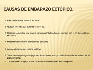 CAUSAS DE EMBARAZO ECTÓPICO.
1. Edad de la madre mayor a 35 años.
2. Quedar en embarazo durante uso del diu.
3. Haberse sometido a una cirugía para revertir la ligadura de trompas con el fin de quedar en
embarazo.
4. Haber tenido múltiples compañeros sexuales.
5. Algunos tratamientos para la fertilidad
6. Tener las trompas ligadas (ligadura de trompas); más probable dos o más años después del
procedimiento.
7. Un embarazo ectópico puede ocurrir incluso si emplean anticonceptivos.
 