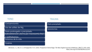 TONO
Corioamnionitis
Uso de sulfato de Mg.
Parto prolongado o precipitado.
Sobredistensión uterina por macrosomía fetal
o polihidramios.
Extremos de la vida.
Cesárea.
TRAUMA
Parto precipitado.
Episiotomías.
Bienstock, J. L., Eke, A. C., & Hueppchen, N. A. (2021). Postpartum hemorrhage. The New England Journal of Medicine, 384(17), 1635–1645.
https://doi.org/10.1056/NEJMra1513247
 