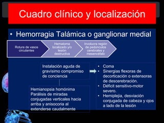 Cuadro clínico y localización
• Hemorragia Talámica o ganglionar medial
Rotura de vasos
circulantes
Hematoma
localizado y/o
lesión
destructiva
Involucra región
de pedúnculos
cerebrales y
mesencéfalo
Instalación aguda de
gravísimo compromiso
de conciencia
• Coma
• Sinergias flexoras de
decorticación o extensoras
de descerebración.
• Déficit sensitivo-motor
severo.
• Hemiplejia, desviación
conjugada de cabeza y ojos
a lado de la lesión
Hemianopsia homónima
Parálisis de miradas
conjugadas verticales hacia
arriba y anisocoria al
extenderse caudalmente
Diagnóstico y Tratamiento de la
hemorragia intracerebral. Dr.
 