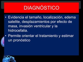 DIAGNÓSTICO
• Evidencia el tamaño, localización, edema
satelite, desplazamientos por efecto de
masa, invasión ventricular y la
hidrocefalia.
• Permite orientar el tratamiento y estimar
un pronóstico
Diagnóstico y Tratamiento de la
hemorragia intracerebral. Dr.
 
