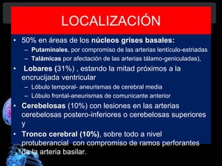 LOCALIZACIÓN
• 50% en áreas de los núcleos grises basales:
– Putaminales, por compromiso de las arterias lentículo-estriadas
– Talámicas por afectación de las arterias tálamo-geniculadas),
• Lobares (31%) , estando la mitad próximos a la
encrucijada ventricular
– Lóbulo temporal- aneurismas de cerebral media
– Lóbulo frontal-aneurismas de comunicante anterior
• Cerebelosas (10%) con lesiones en las arterias
cerebelosas postero-inferiores o cerebelosas superiores
y
• Tronco cerebral (10%), sobre todo a nivel
protuberancial con compromiso de ramos perforantes
de la arteria basilar.
 