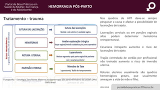 HEMORRAGIA PÓS-PARTO
portaldeboaspraticas.iff.fiocruz.br
Nos quadros de HPP deve-se sempre
pesquisar a causa e afastar a possibilidade de
lacerações de trajeto.
Lacerações cervicais ou em porções vaginais
altas podem determinar hematoma
retroperitoneal.
Cesariana intraparto aumenta o risco de
lacerações de trajeto
Tração controlada de cordão por profissional
não treinado aumenta o risco de inversão
uterina.
Roturas uterinas usualmente são quadros
hemorrágicos graves, que usualmente
ameaçam a vida de mãe e filho.
Tratamento - trauma
OPAS 2018
Fluxograma - Estratégia Zero Morte Materna por hemorragia pós parto Ministério da Saúde OPAS
-OMS-Brasil
 