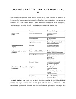 3. CUANDO SE ACTIVA EL CODIGO ROJO, LAS 4 T Y POR QUE SE LLAMA
ASI.
Las causas de HPP incluyen atonía uterina, traumas/laceraciones, retención de productos de
la concepción y alteraciones de la coagulación. Una buena regla nemotécnica para recordarlas
son las 4 «T»: Tono (atonía uterina), Tejido (retención de productos de la concepción),
Trauma (lesiones del canal genital), Trombina (alteraciones de la coagulación)
1. Atonía uterina: es la causa más frecuente, siendo responsable del 80-90% de las HPP.
Factores de riesgo: sobredistensión uterina (por gestación múltiple, hidramnios o feto
macrosoma), agotamiento muscular (por parto excesivamente prolongado, rápido y/o gran
 
