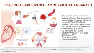 FISIOLOGÍA CARDIOVASCULAR DURANTE EL EMBARAZO
• Empiezan en la 6ta semana del
embarazo hasta el final del puerperio.
• Incremento en el volumen sanguíneo
mayor al 45% (1200-1600ml)
alcanzando un máximo de volumen
de 4700 a 5200ml a las 32 semanas.
• Incremento del 50% en el GC.
• FC incrementa 15 – 20 lpm
• Caída RVP 10% (1°T) 35% (20s)
• Disminución PA
• Parto aumenta GC
• Hipercoagulabilidad
Pacagnella RC, Borovac-Pinheiro A, Assessing and managing hypovolemic shock in puerperal women, Best Practice & Research Clinical Obstetrics and Gynaecology, https://doi.org/
10.1016/j.bpobgyn.2019.05.012
 
