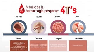 ATONÍA UTERINA
SOBREDISTENSIÓN
UTERINA
CORIOAMNIONITIS
AGOTAMIENTO MUSCULAR
INVERSIÓN UTERINA
DESGARROS PERINEALES
DESGARROS CERVICALES
DEHISCENCIA UTERINA
RETENCIÓN PLACENTARIA
RESTOS PLACENTARIOS
COAGULOPATÍAS
 