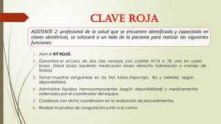 1. Abrir el KIT ROJO.
2. Garantizar el acceso de dos vías venosas con catéter N°16 o 18, una en cada
brazo. (Ideal brazo izquierdo medicación brazo derecho hidratación o manejo de
fluidos)
3. Tomar muestras sanguíneas en los tres tubos (tapa roja, lila y celeste), según
disponibilidad.
4. Administrar líquidos, hemocomponentes (según disponibilidad) y medicamentos
ordenados por el coordinador del equipo.
5. Colaborar con dicho coordinador en la realización de procedimientos.
6. Realizar la prueba de coagulación junto a la cama.
ASISTENTE 2: profesional de la salud que se encuentre identificado y capacitado en
claves obstétricas, se colocará a un lado de la paciente para realizar las siguientes
funciones:
CLAVE ROJA
 