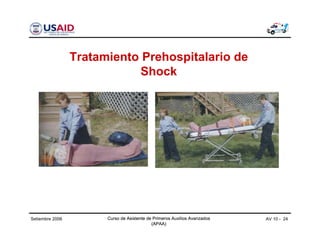 Curso de Asistente de Primeros Auxilios Avanzados
(APAA)
AV 10 - 24Curso de Asistente de Primeros Auxilios Avanzados
(APAA)
Setiembre 2006 Curso de Asistente de Primeros Auxilios Avanzados
(APAA)
Tratamiento Prehospitalario de
Shock
 