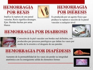 Implica la ruptura de una pared
vascular, Rexis significa desangro.
Ejm: Heridas hechas por arma
blanca
Es producida por un agente físico que
produce la ruptura o sección de la pared
vascular a cualquier nivel
Corrosión de la piel vascular con bordes mal definidos, son
producidos por procesos patológicos que dañan los vasos por
medio de la erosión o el desgaste de sus paredes
Aumento de la permeabilidad de los vasos sin perder su integridad
anatómica con la consiguiente salida de elementos formes
 