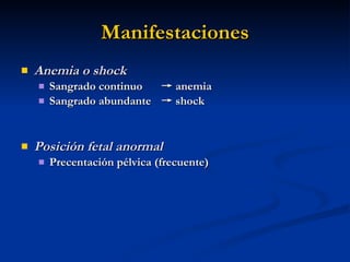 Manifestaciones Anemia o shock Sangrado continuo ->  anemia Sangrado abundante  ->  shock Posición fetal anormal Precentación pélvica (frecuente) 