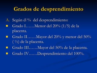 Grados de desprendimiento Según él %  del desprendimiento: Grado I……Menor del 20% (1/5) de la placenta. Grado II……Mayor del 20% y menor del 50% ( ½) de la placenta. Grado III……Mayor del 50% de la placenta. Grado IV……Desprendimiento del 100%. 