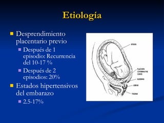 Etiología Desprendimiento placentario previo Después de 1 episodio: Recurrencia del 10-17 % Después de 2 episodios: 20% Estados hipertensivos del embarazo  2.5-17% 