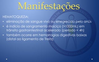 Manifestações
HEMATOQUEZIA:
• eliminação de sangue vivo ou enegrecido pelo anûs
• é indício de sangramento maciço (>1000mL) em
trânsito gastrointestinal acelerado (período < 4h)
• também ocorre em hemorragias digestivas baixas
(distal ao ligamento de Treitz)
 
