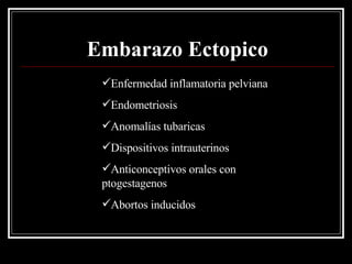 Embarazo Ectopico Causas Enfermedad inflamatoria pelviana Endometriosis Anomalías tubaricas Dispositivos intrauterinos Anticonceptivos orales con  ptogestagenos Abortos inducidos 