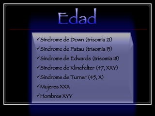 Edad Síndrome de Down (trisomía 21) Síndrome de Patau (trisomía 13) Síndrome de Edwards (trisomía 18) Síndrome de Klinefelter (47, XXY) Síndrome de Turner (45, X) Mujeres XXX Hombres XYY 