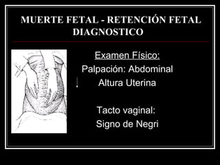 MUERTE FETAL - RETENCIÓN FETAL DIAGNOSTICO   Examen Físico : Palpación :  Abdominal Altura  Uterina Tacto vaginal :   Signo de Negri 
