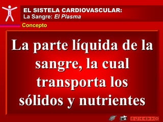Concepto
EL SISTELA CARDIOVASCULAR:
La Sangre: El Plasma
La parte líquida de la
sangre, la cual
transporta los
sólidos y nutrientes
 