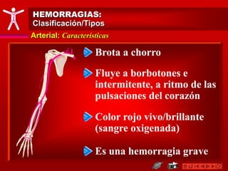 Arterial: Características
HEMORRAGIAS:
Clasificación/Tipos
Brota a chorro
Fluye a borbotones e
intermitente, a ritmo de las
pulsaciones del corazón
Color rojo vivo/brillante
(sangre oxigenada)
Es una hemorragia grave
 