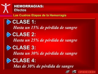 HEMORRAGIAS:
Efectos
Las Cuatros Etapas de la Hemorragia
CLASE 1:
Hasta un 15% de pérdida de sangre
CLASE 2:
Hasta un 25% de pérdida de sangre
CLASE 3:
Hasta un 30% de pérdida de sangre
CLASE 4:
Mas de 30% de pérdida de sangre
 