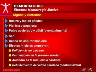 HEMORRAGIAS:
Efectos: Hemorragia Masiva
Rostro y labios pálidos
Piel fría y pegajosa
Signos y Síntomas
Efectos iniciales empeoran:
Deficiencia de oxígeno
Disminución en la presión arterial
Pulso acelerado y débil (eventualmente)
Sed
Deseo de aspirar más aire
Aumento en la frecuencia cardiaca
Debilitamiento del latido cardiaco (contractilidad)
 