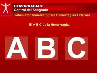HEMORRAGIAS:
Control del Sangrado
Tratamiento Inmediato para Hemorragias Externas
El A B C de la Hemorragias
 