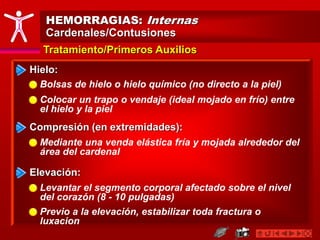 HEMORRAGIAS: Internas
Cardenales/Contusiones
Tratamiento/Primeros Auxilios
Hielo:
Compresión (en extremidades):
Bolsas de hielo o hielo químico (no directo a la piel)
Colocar un trapo o vendaje (ideal mojado en frío) entre
el hielo y la piel
Mediante una venda elástica fría y mojada alrededor del
área del cardenal
Elevación:
Levantar el segmento corporal afectado sobre el nivel
del corazón (8 - 10 pulgadas)
Previo a la elevación, estabilizar toda fractura o
luxacion
 