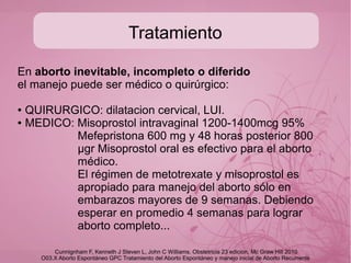 Tratamiento
En caso de ocurrir amenaza de aborto no existe
tratamiento que haya corroborado ser exitoso
(reposo o suplementos con progesterona).
Cunnignham F, Kenneth J Steven L, John C Williams. Obstetricia 23 edicion, Mc Graw Hill 2010
 