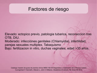 Embarazo ectópico
Tiene una incidencia del 2%:
● Tuba uterina (Falopio) 95%
[intesticial=3%, itsmo=12%, ampular=70%, fimbria 11%]
● Ovario 3%
● Abdominal 1%
● Cicatriz uterina previa y cuello <1%
Cunnignham F, Kenneth J Steven L, John C Williams. Obstetricia 23 edicion, Mc Graw Hill 2010
Catalogo maestro de guías de practica clínica IMSS-182-09 Diagnóstico y tratamiento del embarazo tubario
Cunnignham F, Kenneth J Steven L, John C Williams. Obstetricia 23 edicion, Mc Graw Hill 2010
 