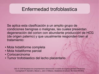 Enfermedad trofoblastica
Se aplica esta clasificación a un amplio grupo de
condiciones benignas o malignas, las cuales presentan
degeneración del corion con abundante producción de HCG
(de origen paterno) y que usualmente responden bien al
tratamiento:
● Mola hidatiforme completa
● Mola hidatiforme parcial
● Coriocarcinoma
● Tumor trofoblastico del lecho placentario
Cunnignham F, Kenneth J Steven L, John C Williams. Obstetricia 23 edicion, Mc Graw Hill 2010
CIE-10: D39 Neoplasia de comportamiento desconocido o incierto de órganos genitales femeninos
 