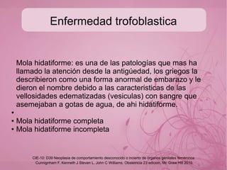 Enfermedad trofoblastica
Se aplica esta clasificación a un amplio grupo de
condiciones benignas o malignas, las cuales presentan
degeneración del corion con abundante producción de HCG
(de origen paterno) y que usualmente responden bien al
tratamiento:
● Mola hidatiforme completa
● Mola hidatiforme parcial
● Coriocarcinoma
● Tumor trofoblastico del lecho placentario
Cunnignham F, Kenneth J Steven L, John C Williams. Obstetricia 23 edicion, Mc Graw Hill 2010
CIE-10: D39 Neoplasia de comportamiento desconocido o incierto de órganos genitales femeninos
 