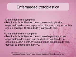 Enfermedad trofoblastica
Mola hidatiforme: es una de las patologías que mas ha
llamado la atención desde la antigúedad, los griegos la
describieron como una forma anormal de embarazo y le
dieron el nombre debido a las caracteristicas de las
vellosidades edematizadas (vesiculas) con sangre que
asemejaban a gotas de agua, de ahi hidatiforme.
●
● Mola hidatiforme completa
● Mola hidatiforme incompleta
Cunnignham F, Kenneth J Steven L, John C Williams. Obstetricia 23 edicion, Mc Graw Hill 2010
CIE-10: D39 Neoplasia de comportamiento desconocido o incierto de órganos genitales femeninos
 