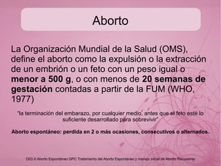 Causas principales de hemorragia
genital femenina:
Obstetricas:
● Aborto
● Embarazo ectópico
● Enfermedades del trofoblasto
No obstetricas:
● Cervicitis
● Cancer de cuello uterino
● Miomatosis
● Poliposis
● Trauma genital
Arias F. Guía práctica para el embarazo y el parto de alto riesgo. Madrid: Editorial Mosby/Doyma, 2003.
 